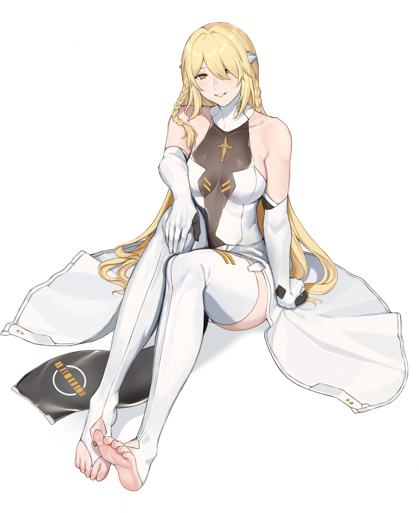 1girl, absurdres, angelus_(neural_cloud), bare_shoulders, barefoot, blonde_hair, braid, breasts, collarbone, commission, dress, elbow_gloves, feet, full_body, girls'_frontline, girls'_frontline_neural_cloud, gloves, hair_ornament, hair_over_one_eye, hand_on_own_knee, highres, knees_up, long_hair, looking_at_viewer, medium_breasts, sanctifiers_(neural_cloud), second-party_source, seilindekos, simple_background, sitting, sleeveless, sleeveless_dress, smile, solo, thighhighs, transparent_background, very_long_hair, yellow_eyes
