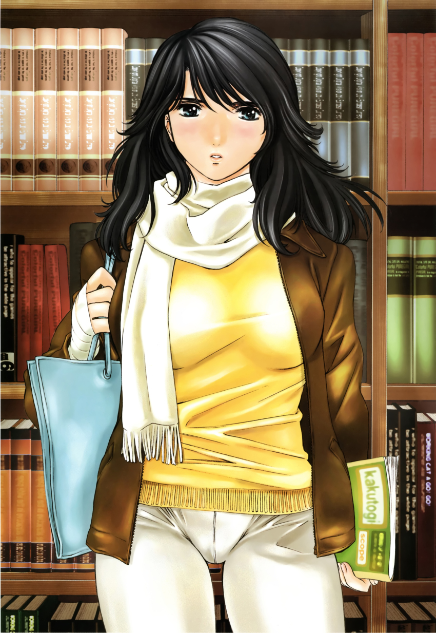 1girl, absurdres, bag, bandages, black_hair, blue_eyes, blush, bookshelf