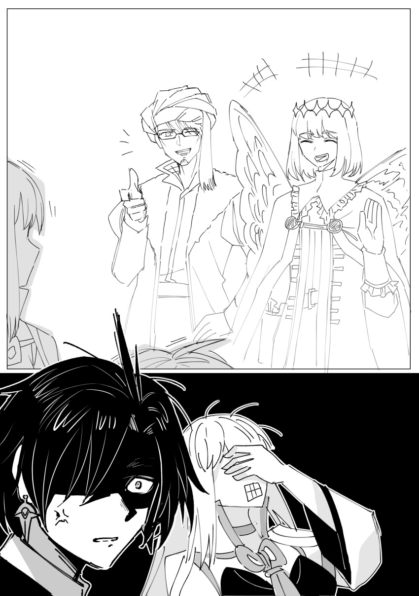 +++, 1girl, 2koma, 3boys, :d, ;d, ^_^, absurdres