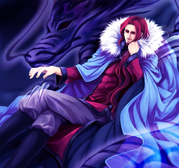 1boy, beard, black_background, blue_coat, closed_mouth, coat, crossed_arms, dragon, facial_hair, fur_trim, hair_intakes, johann, kuroshiba, long_sleeves, looking_at_viewer, m.u.g.e.n, male_focus, pants, rage_of_the_dragons, red_hair, red_shirt, shirt, short_hair, sitting, smile, solo, white_pants