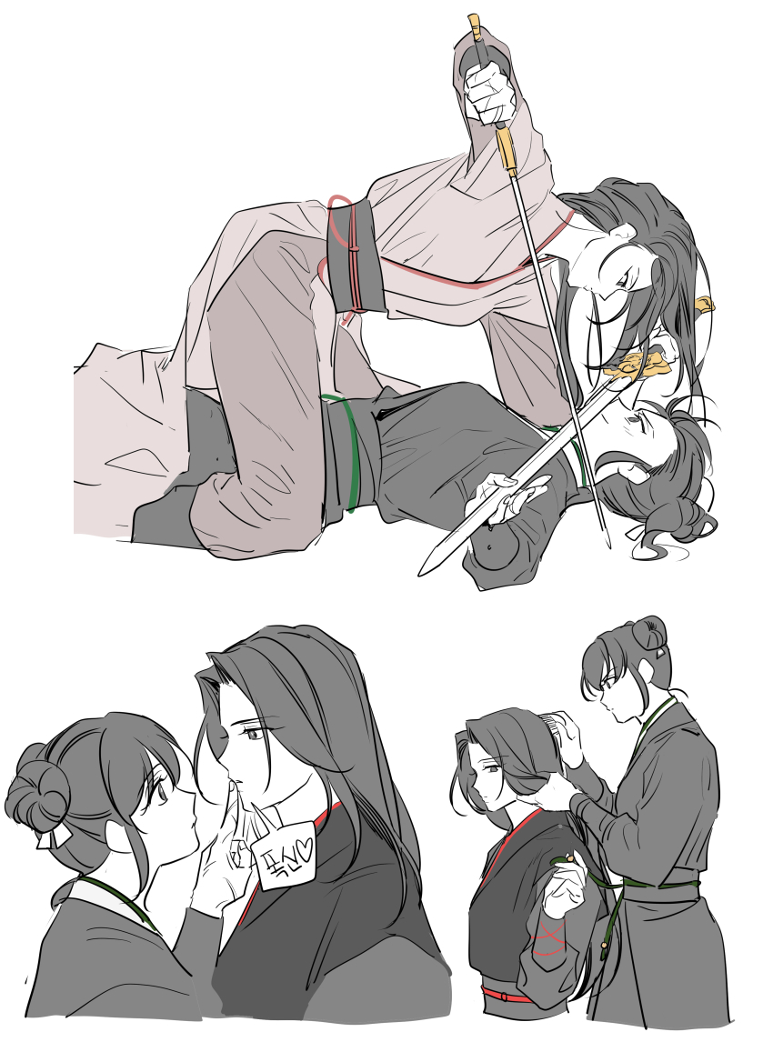 2girls, absurdres, black_hair, brushing_another's_hair, brushing_hair, character_request, closed_mouth, danggwadandg, fighting, finger_to_another's_mouth, from_side, girl_on_top, heart, highres, holding, holding_sword, holding_weapon, index_finger_raised, long_hair, looking_at_another, multiple_girls, return_of_the_mount_hua_sect, sash, short_hair, smile, sword, uniform, upper_body, weapon, white_background, yu_iseol_(return_of_the_mount_hua_sect)