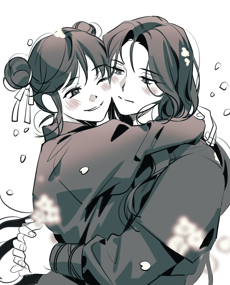 2girls, black_hair, blush, character_request, cheek-to-cheek, closed_mouth, danggwadandg, double_bun, falling_petals, hair_bun, hair_tie, heads_together, hug, long_hair, looking_at_another, monochrome, multiple_girls, open_mouth, own_hands_clasped, own_hands_together, petals, return_of_the_mount_hua_sect, sash, smile, uniform, upper_body, white_background, yu_iseol_(return_of_the_mount_hua_sect)