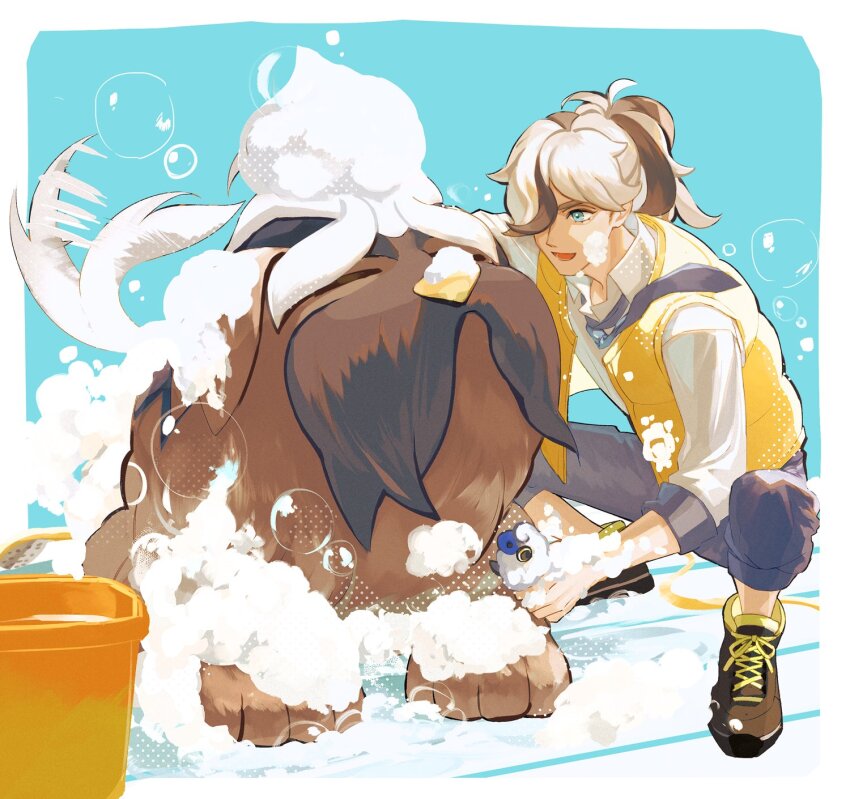 1boy, alternate_hairstyle, arven_(pokemon), brown_footwear, brown_hair, bubble, bucket, closed_eyes, collared_shirt, dog, en_(enxxx), hair_over_one_eye, highres, long_hair, mabosstiff, multicolored_hair, necktie, nintendo, pokemon, pokemon_(creature), pokemon_scarlet_and_violet, ponytail, purple_necktie, school_uniform, shirt, soap_bubbles, squatting, tail, tail_wagging, uva_academy_school_uniform, vest, washing, white_shirt, yellow_vest