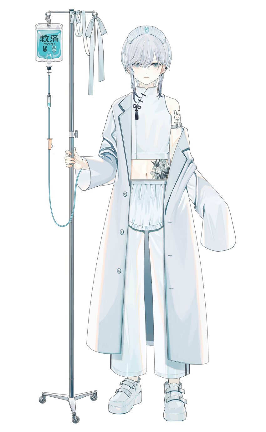 1girl, blood, blood_bag, closed_mouth, full_body, grey_eyes, highres, iei000