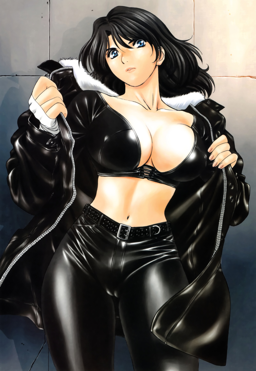 1girl, absurdres, bandages, belt, black_hair, blue_eyes, breasts, cameltoe, cleavage, cleavage_cutout, clothing_cutout, female_focus, fur_trim, highres, jacket, kobayashi_hiyoko, large_breasts, leather, leather_jacket, leather_pants, long_hair, midriff, non-web_source, official_art, pants, peridot, peridot_(manga), shiny_clothes, skin_tight, solo, suruga_mahiru, zipper
