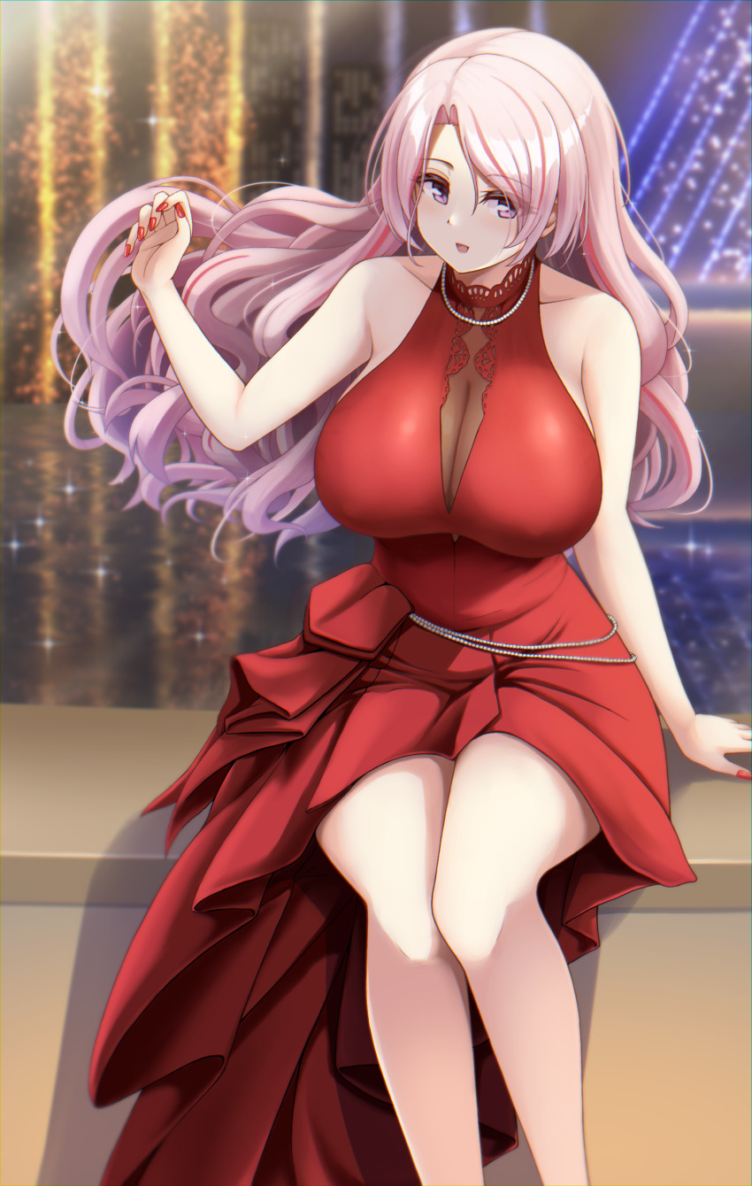 1girl, absurdres, blush, breasts, cleavage, dress, feet_out_of_frame, fingernails