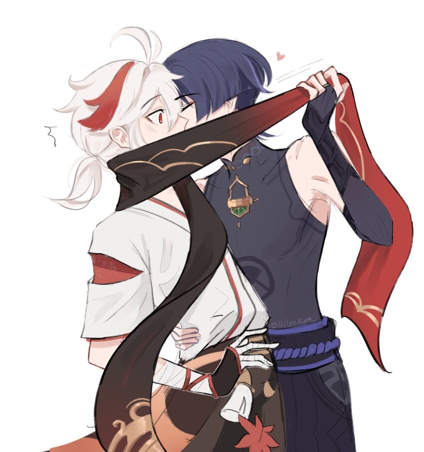 2boys, antenna_hair, armpits, bandaged_hand, bandages, black_gloves, black_scarf, black_shirt