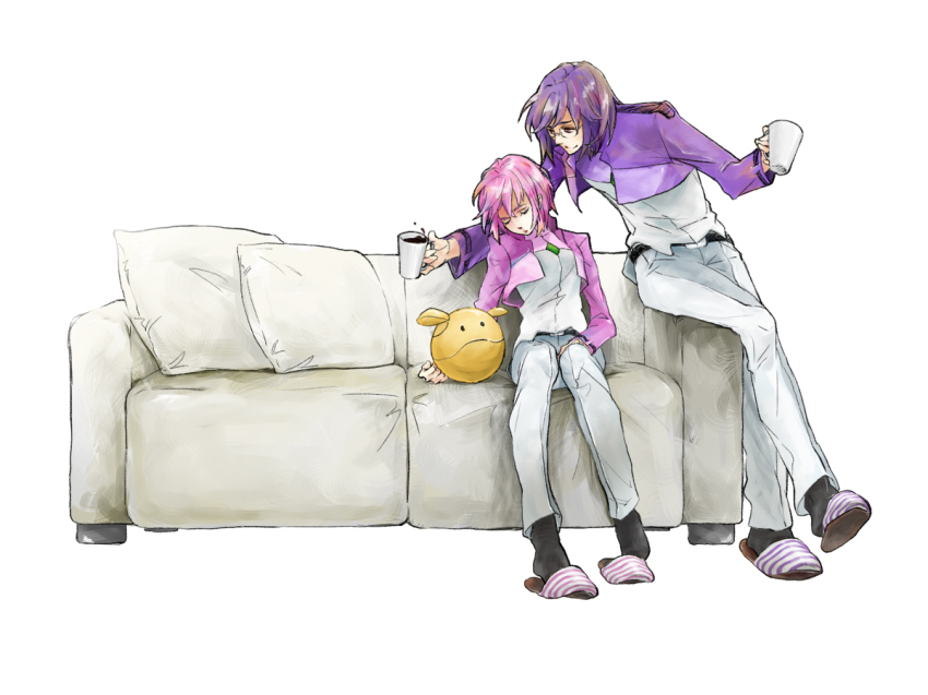 00s, 1boy, 1girl, alternate_hairstyle, bad_id, bad_pixiv_id, couch, cup