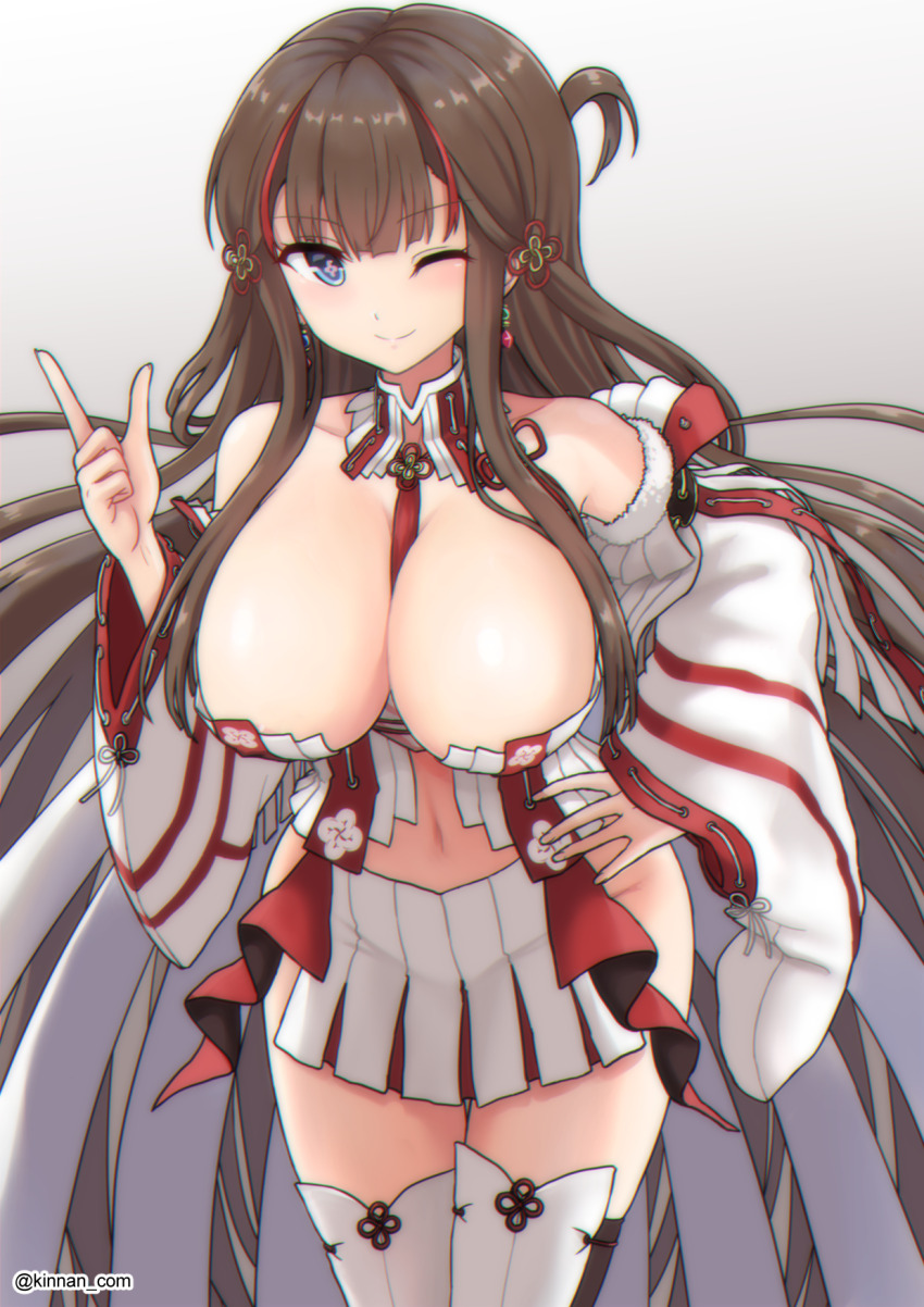 1girl, bare_shoulders, between_breasts, blunt_bangs, breasts, brown_hair, cleavage, clothes_between_breasts