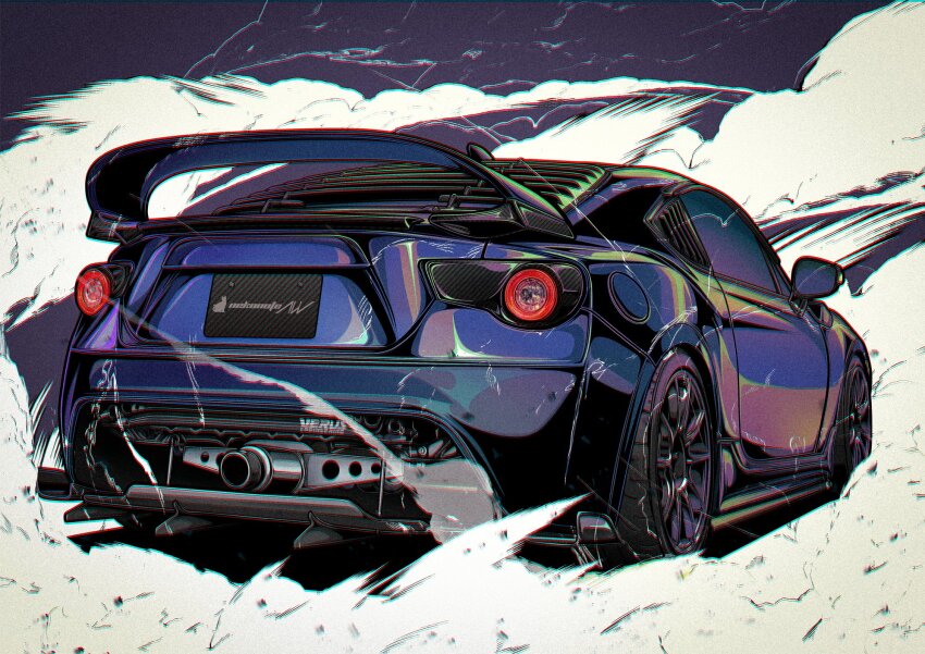 car, from_behind, haduki_neko, highres, motor_vehicle, no_humans, original, side-view_mirror, smoke, solo, spoiler_(automobile), sports_car, toyota, toyota_86, vehicle_focus