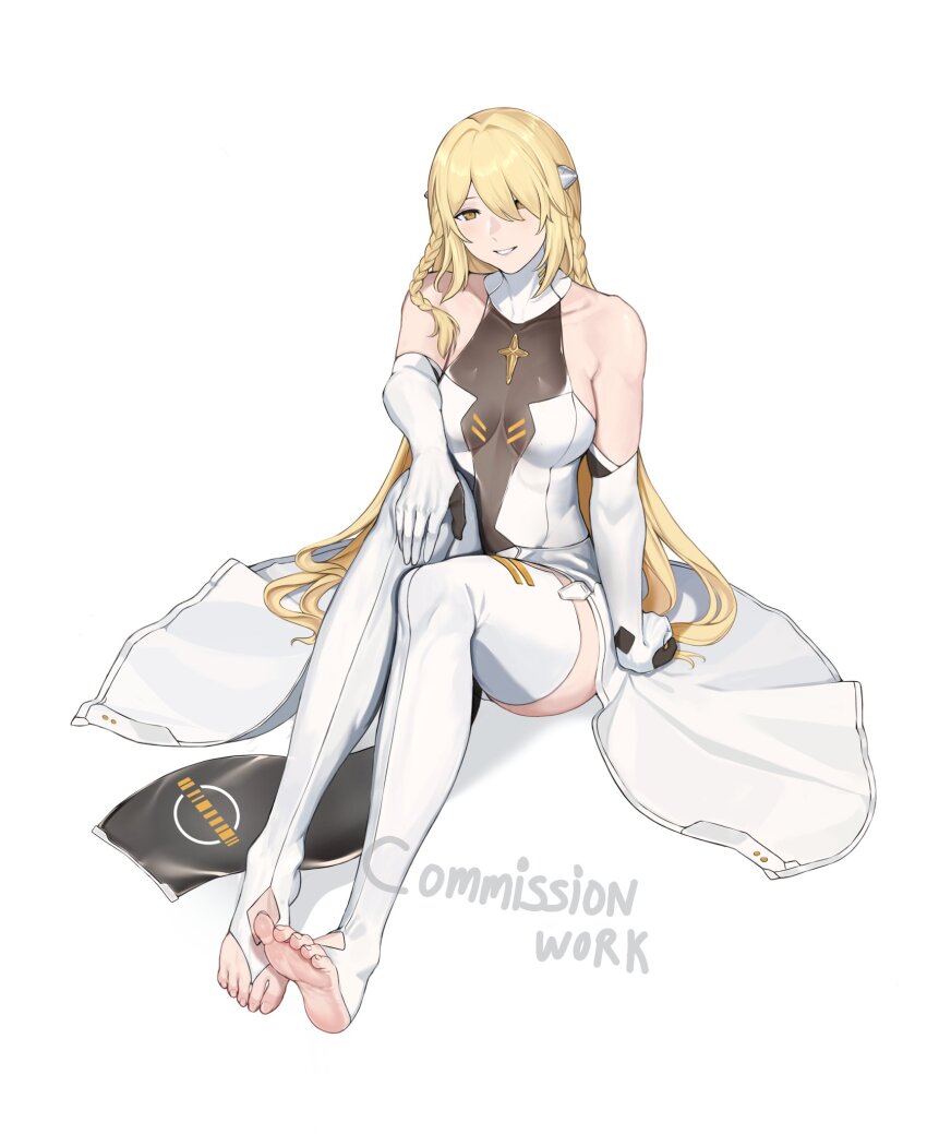 1girl, angelus_(neural_cloud), bare_shoulders, barefoot, blonde_hair, braid, breasts, brown_eyes, commission, elbow_gloves, girls'_frontline, girls'_frontline_neural_cloud, gloves, hair_over_one_eye, highres, invisible_chair, long_hair, medium_breasts, parted_lips, sanctifiers_(neural_cloud), seilindekos, simple_background, sitting, smile, solo, thighhighs, toeless_legwear, white_background, white_gloves, white_thighhighs