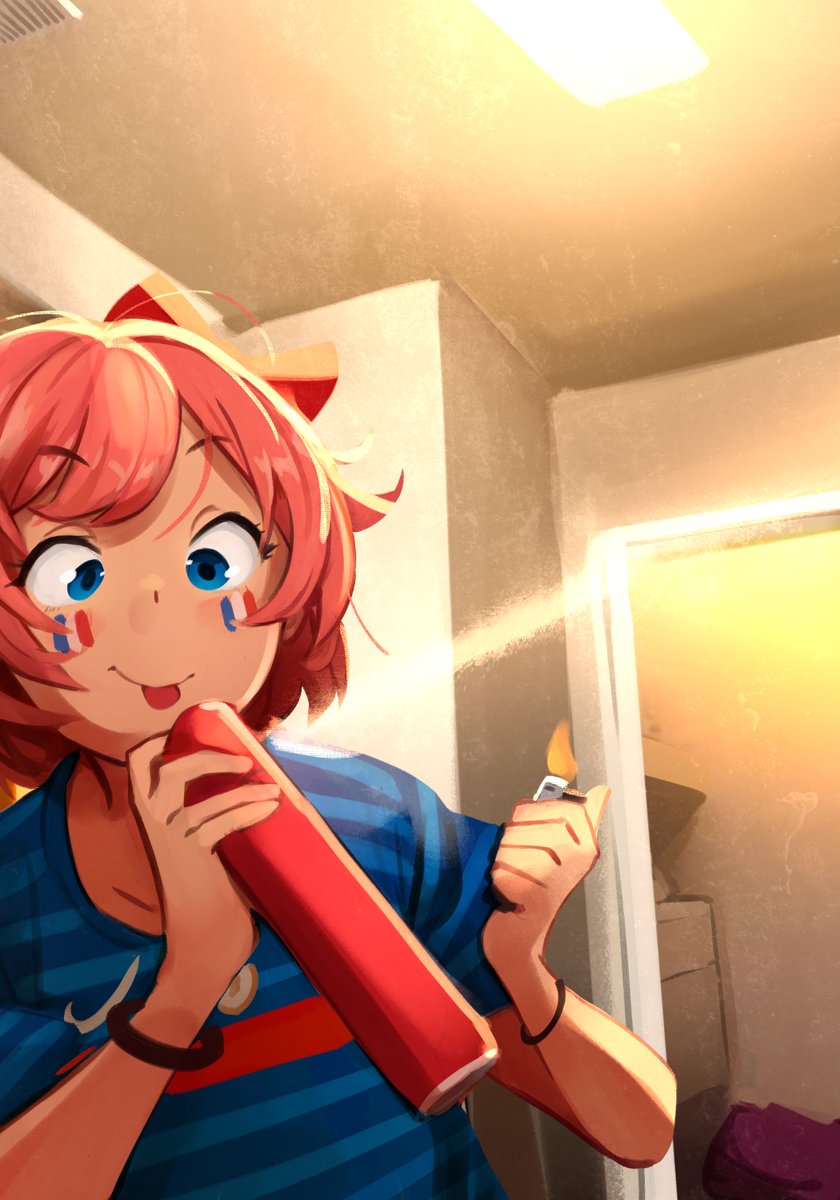 1girl, aerosol, blue_eyes, bow, commentary, doki_doki_literature_club, english_commentary, facepaint, fire, france, hair_bow, highres, holding, holding_lighter, indoors, khyle., lighter, meme, parody, pink_hair, red_bow, sayori_(doki_doki_literature_club), short_hair, soccer_uniform, solo, sportswear, spray_can, tongue, tongue_out, upper_body