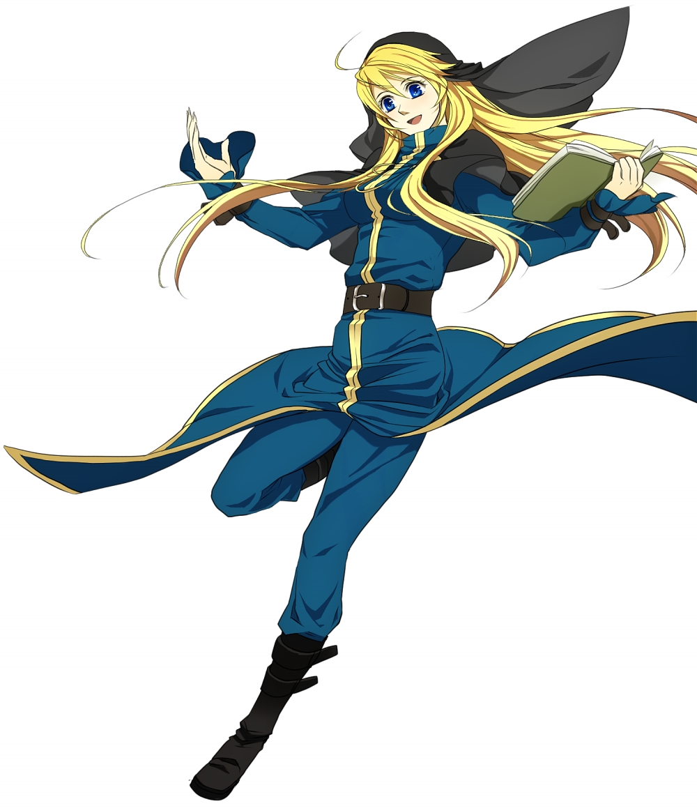 1girl, :d, belt, black_boots, blonde_hair, blue_eyes, blue_pants, book, boots, full_body, goeniko, holding, holding_book, kuroshiba, long_hair, long_sleeves, m.u.g.e.n, open_mouth, pants, simple_background, smile, solo, white_background