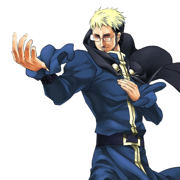 1boy, belt, black_hair, blonde_hair, closed_mouth, glasses, goenitz, hand_on_own_chest