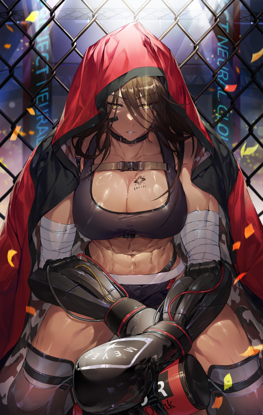 1girl, abs, absurdres, bandaged_arm, bandages, black_shorts, black_sports_bra, boxing_gloves, breast_tattoo, breasts, brown_hair, cable, chain-link_fence, chap_sal_!, choker, cleavage, collarbone, commentary, cowboy_shot, dark-skinned_female, dark_skin, fence, girls'_frontline, girls'_frontline_neural_cloud, hair_between_eyes, highres, hood, hood_up, large_breasts, long_hair, looking_at_viewer, magnhilda_(neural_cloud), mechanical_arms, midriff, muscular, muscular_female, navel, shorts, sitting, solo, sports_bra, sweat, tattoo, yellow_eyes