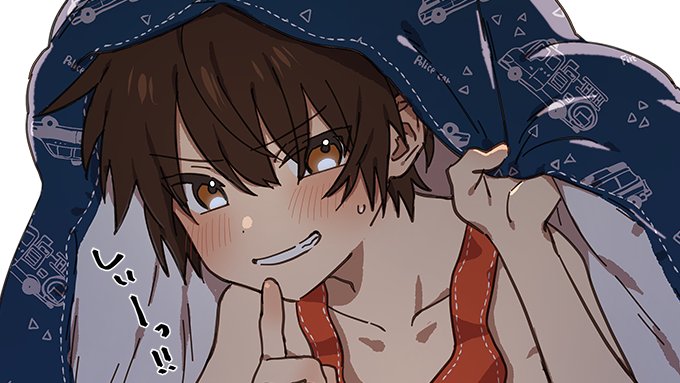 1boy, blanket, blush, brown_eyes, brown_hair, child, commentary, commentary_request
