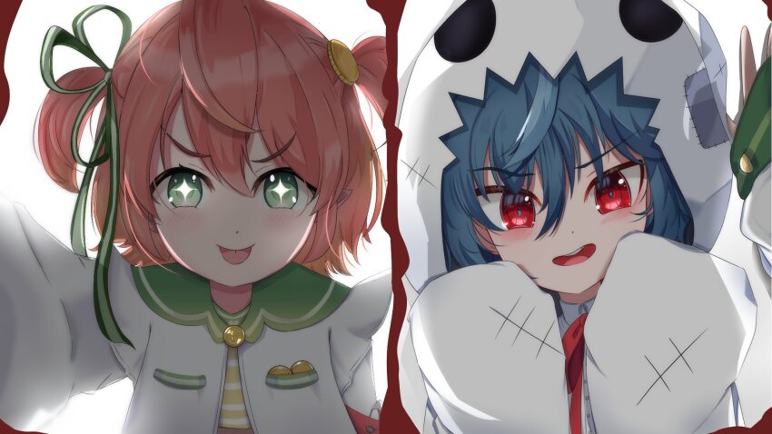 +_+, 2girls, blue_hair, blush, coin_hair_ornament, commentary, english_commentary, fuyo_cloverfield