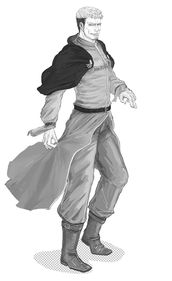 1boy, beard, belt, boots, capelet, closed_mouth, facial_hair, full_body, goenitz, long_sleeves, looking_at_viewer, male_focus, molem, monochrome, pants, short_hair, sideburns, simple_background, solo, the_king_of_fighters