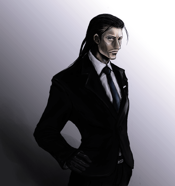 1boy, black_eyes, black_gloves, black_hair, black_jacket, black_pants, blue_necktie, closed_mouth