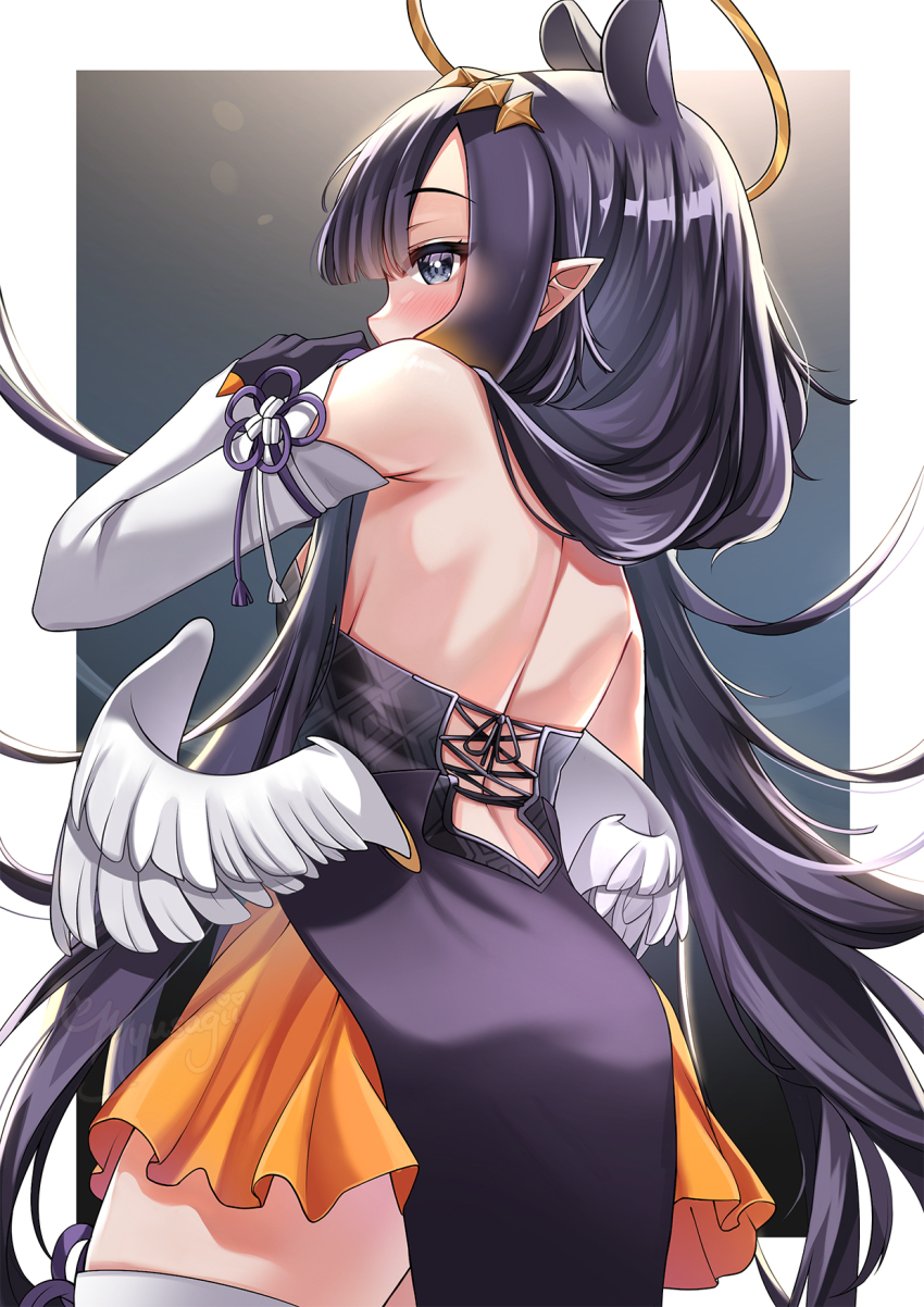 1girl, ass, back, back_focus, backless_dress, backless_outfit, bare_shoulders, blue_eyes, blunt_bangs, breasts, cross-laced_clothes, cross-laced_dress, detached_sleeves, dress, extra_ears, from_behind, from_below, gloves, hair_over_shoulder, halo, highres, hololive, hololive_english, long_hair, looking_at_viewer, looking_back, low_wings, medium_breasts, myusagii, ninomae_ina'nis, ninomae_ina'nis_(1st_costume), outside_border, pleated_skirt, pointy_ears, profile, purple_hair, shoulder_blades, simple_background, single_detached_sleeve, skirt, solo, thighhighs, very_long_hair, virtual_youtuber, wings, zettai_ryouiki