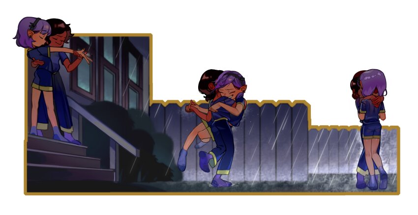 2girls, absurdres, amity_blight, bad_id, bad_twitter_id, brown_hair, closed_eyes, couple, dancing, dark-skinned_female, dark_skin, highres, implied_kiss, kengyou_lei, luz_noceda, multiple_girls, pajamas, pointy_ears, purple_hair, rain, sequential, short_hair, short_shorts, shorts, smile, socks, the_owl_house, wet, yuri