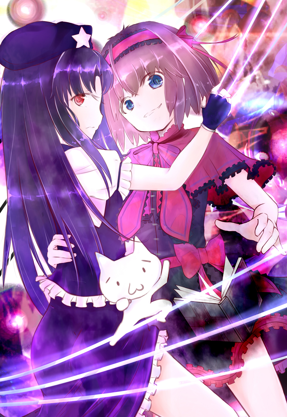 2girls, :3, alice_margatroid, benmiaobituona, beret, black_dress, black_gloves, black_hair