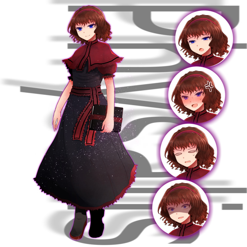 alice_margatroid, anger_vein, arano_oki, black_dress, black_footwear, blue_eyes, blush, book, brown_hair, capelet, character_name, closed_mouth, dress, multiple_expressions, full_body, holding, holding_book, looking_at_viewer, m.u.g.e.n, open_mouth, physalis_(mugen), red_capelet, second-party_source, shaded_face, short_hair, smile, standing, sweat, tachi-e, touhou, white_background