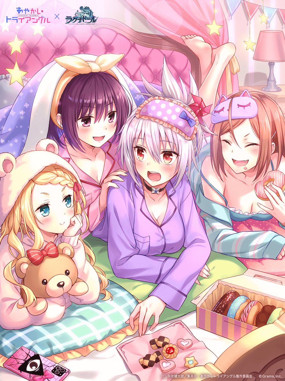 4girls, artist_request, ayakashi_triangle, bed, black_choker, blonde_hair, blue_eyes, blush