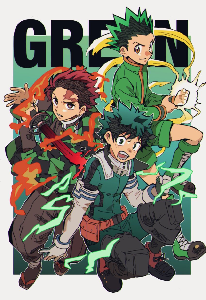 3boys, absurdres, bishounen, bodysuit, boku_no_hero_academia, brown_hair, child, commentary, commentary_request, crossover, demon_slayer_uniform, english_text, freckles, gloves, gon_freecss, green_bodysuit, green_footwear, green_hair, green_shorts, haori, highres, holding, holding_sword, holding_weapon, hunter_x_hunter, japanese_clothes, kamado_tanjirou, katana, kimetsu_no_yaiba, kimono, long_sleeves, looking_at_viewer, male_focus, midoriya_izuku, multicolored_hair, multiple_boys, multiple_crossover, oishi_gohan11_2, open_mouth, scar, scar_on_face, scar_on_forehead, short_hair, shorts, simple_background, smile, spiked_hair, sword, weapon