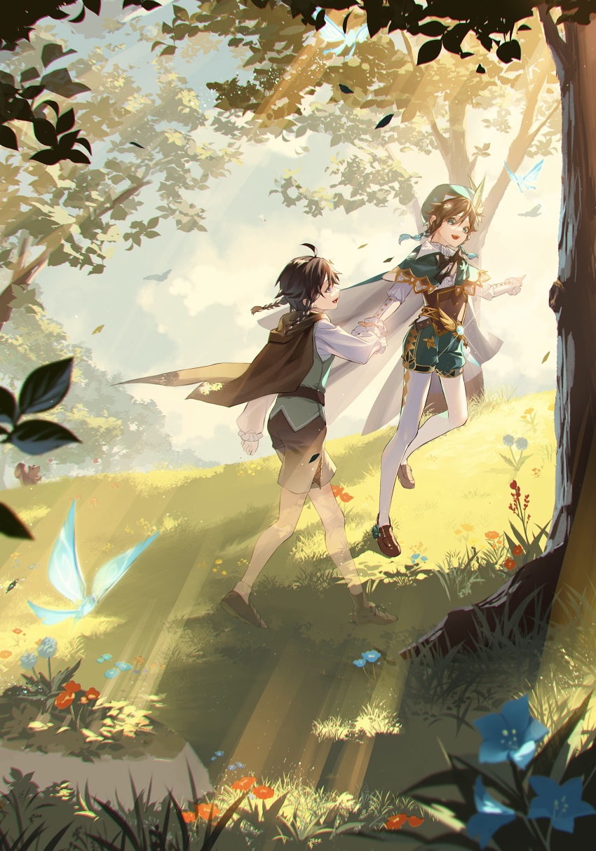 2boys, absurdres, androgynous, beret, black_hair, blue_flower, blue_hair, bow