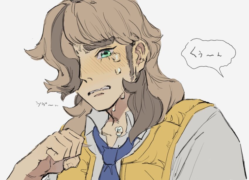 1boy, arven_(pokemon), brown_hair, collared_shirt, crying, crying_with_eyes_open, eyelashes, green_eyes, grey_shirt, hair_over_one_eye, highres, long_hair, looking_at_viewer, multicolored_hair, necktie, nintendo, open_clothes, open_vest, pokemon, pokemon_scarlet_and_violet, purple_necktie, school_uniform, shirt, speech_bubble, tears, uva_academy_school_uniform, vest, yellow_vest, zunkome