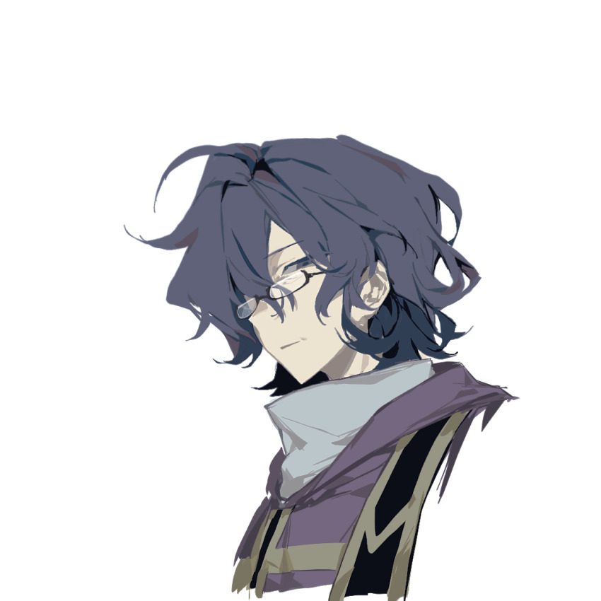 1boy, blue_eyes, blue_hair, chinese_commentary, chuhaokuangbaozhanji, closed_mouth, commentary_request, dark_blue_hair, glasses, grey_shirt, hair_over_one_eye, hood, hood_down, male_focus, portrait, saibou_shinkyoku, shirt, short_hair, simple_background, solo, stole, utsugi_noriyuki, white_background