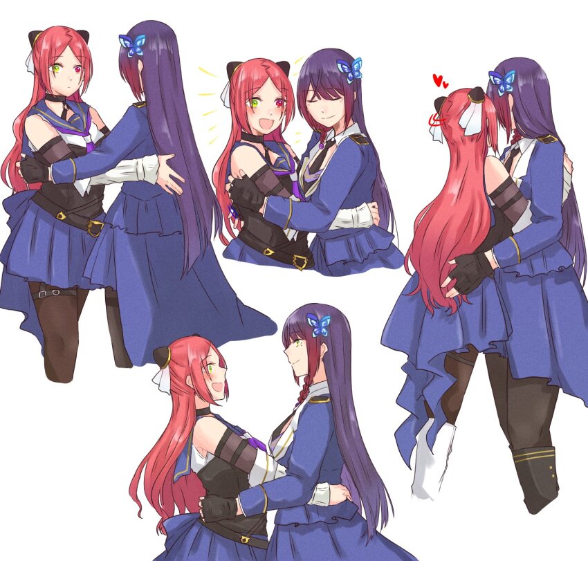 2girls, :d, assault_lily, bare_shoulders, belt, belt_buckle, black_belt, black_choker