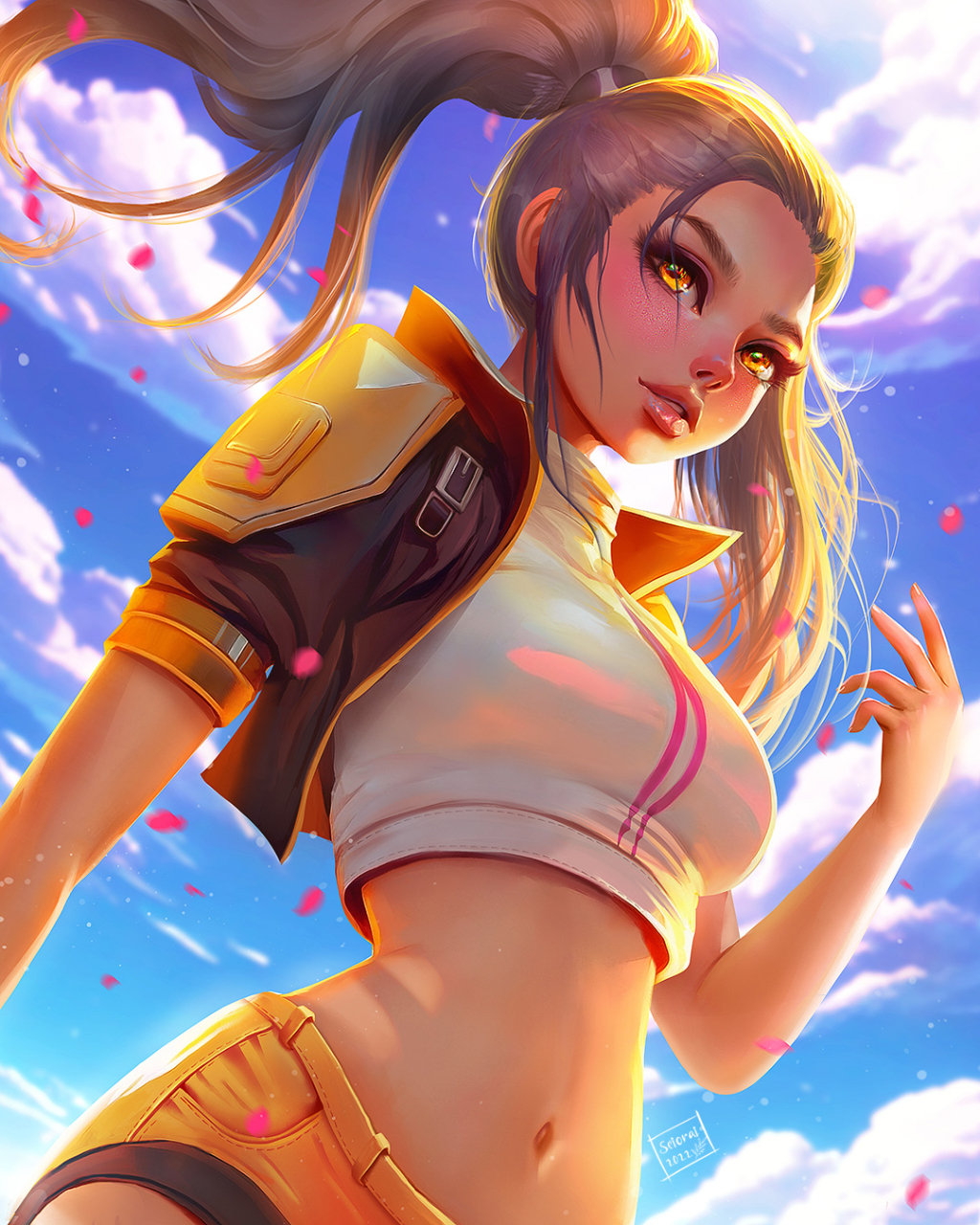 arm_up, blue_sky, breasts, brown_hair, brown_jacket, cloud, crop_top, cropped_jacket