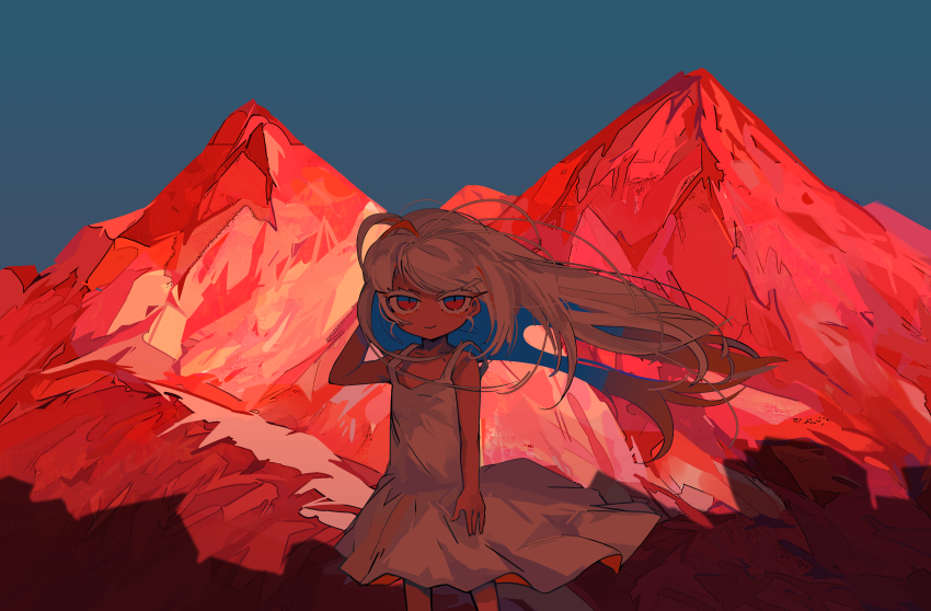 1girl, absurdres, adjusting_hair, arm_at_side, arm_behind_head, backlighting, bare_shoulders, blue_hair