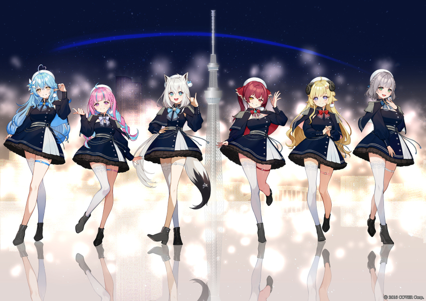 6+girls, ahoge, animal_ear_fluff, animal_ears, aqua_eyes, asymmetrical_legwear, beret, blonde_hair