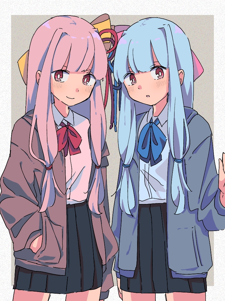 2girls, blue_hair, blush, bow, bowtie, collared_shirt, hair_bow, hair_ribbon