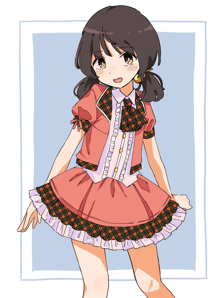 1girl, ascot, black_hair, blush, center_frills, dress, frilled_dress, frills