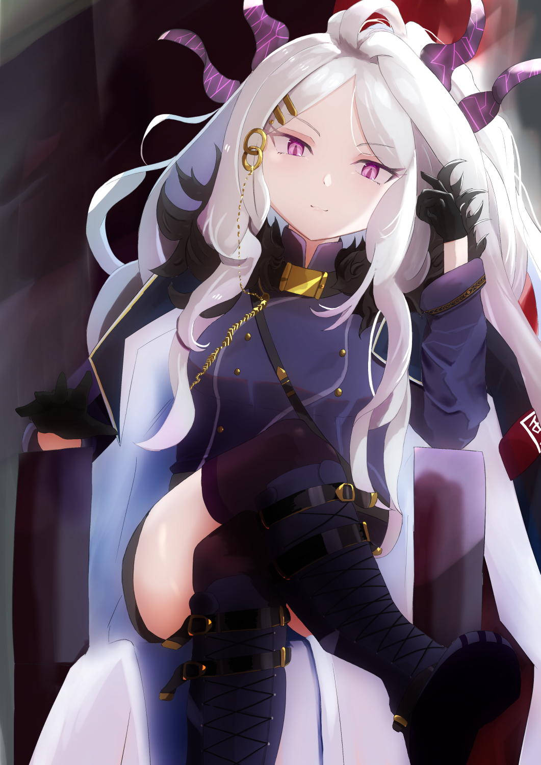 1girl, blue_archive, highres, hina_(blue_archive), kaleid98731, school_uniform, sitting, solo