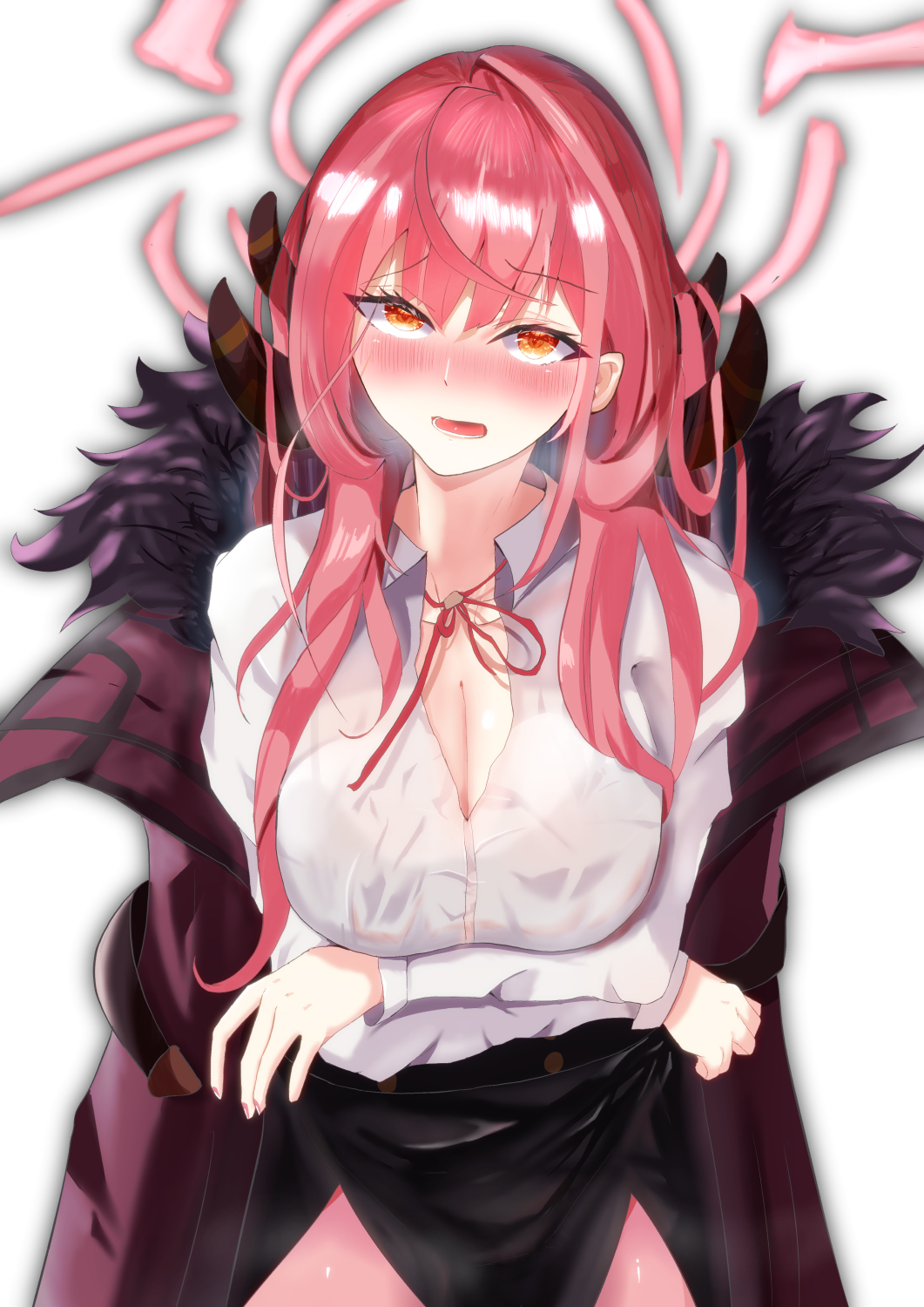 1girl, aru_(blue_archive), blue_archive, blush, bra, breasts, highres, kaleid98731, large_breasts, school_uniform, see-through_clothes, sitting, solo, underwear, white_background