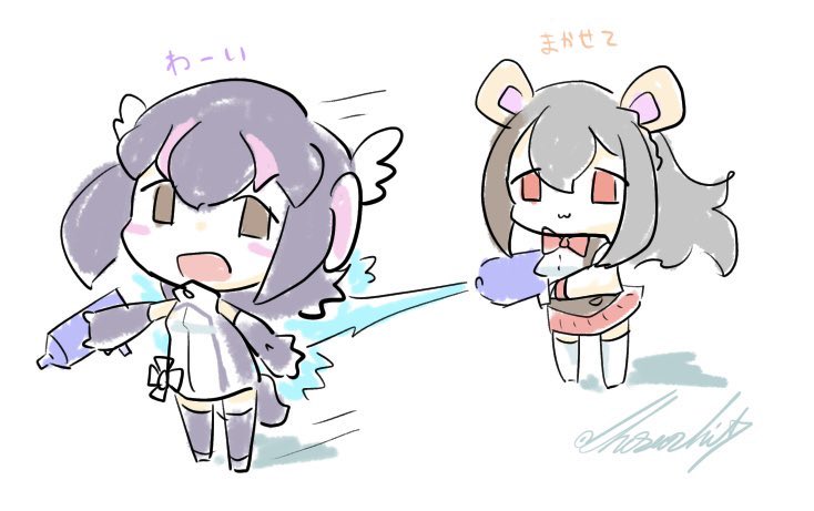 2girls, black_hair, cherushi_2, grey_hair, humboldt_penguin_(kemono_friends), indie_virtual_youtuber, kemono_friends, kemono_friends_v_project