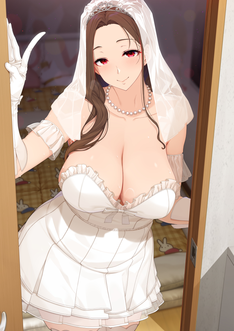 1girl, blurry, breasts, bridal_veil, brown_hair, cleavage, closed_mouth, collarbone, commentary, cowboy_shot, depth_of_field, doorway, dress, forehead, gloves, jewelry, kirin_kakeru, large_breasts, light_blush, long_hair, looking_at_viewer, mature_female, necklace, original, parted_hair, pearl_necklace, red_eyes, seamed_gloves, short_dress, sliding_doors, smile, solo, strapless, strapless_dress, thighhighs, tiara, veil, wedding_dress, white_dress, white_gloves, white_thighhighs