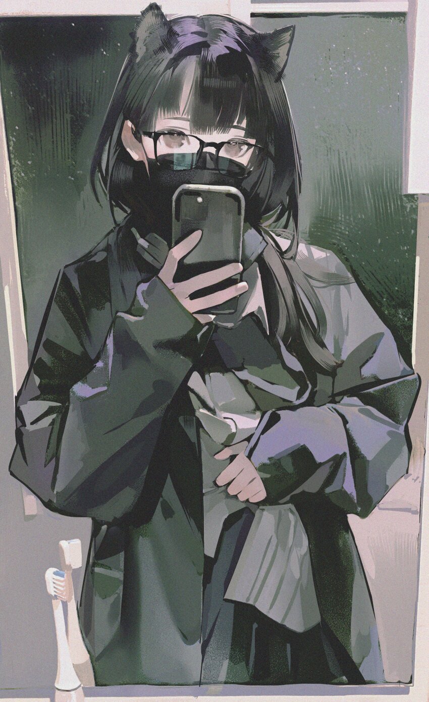 1girl, absurdres, animal_ears, black-framed_eyewear, black_coat, black_hair, black_mask, brown_eyes