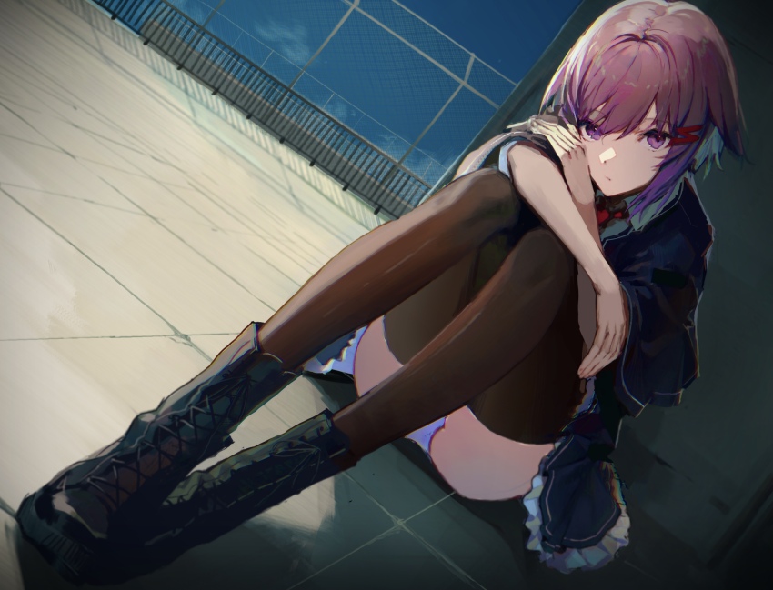 1girl, absurdres, black_boots, boots, capelet, hair_ornament, hairclip, head_tilt