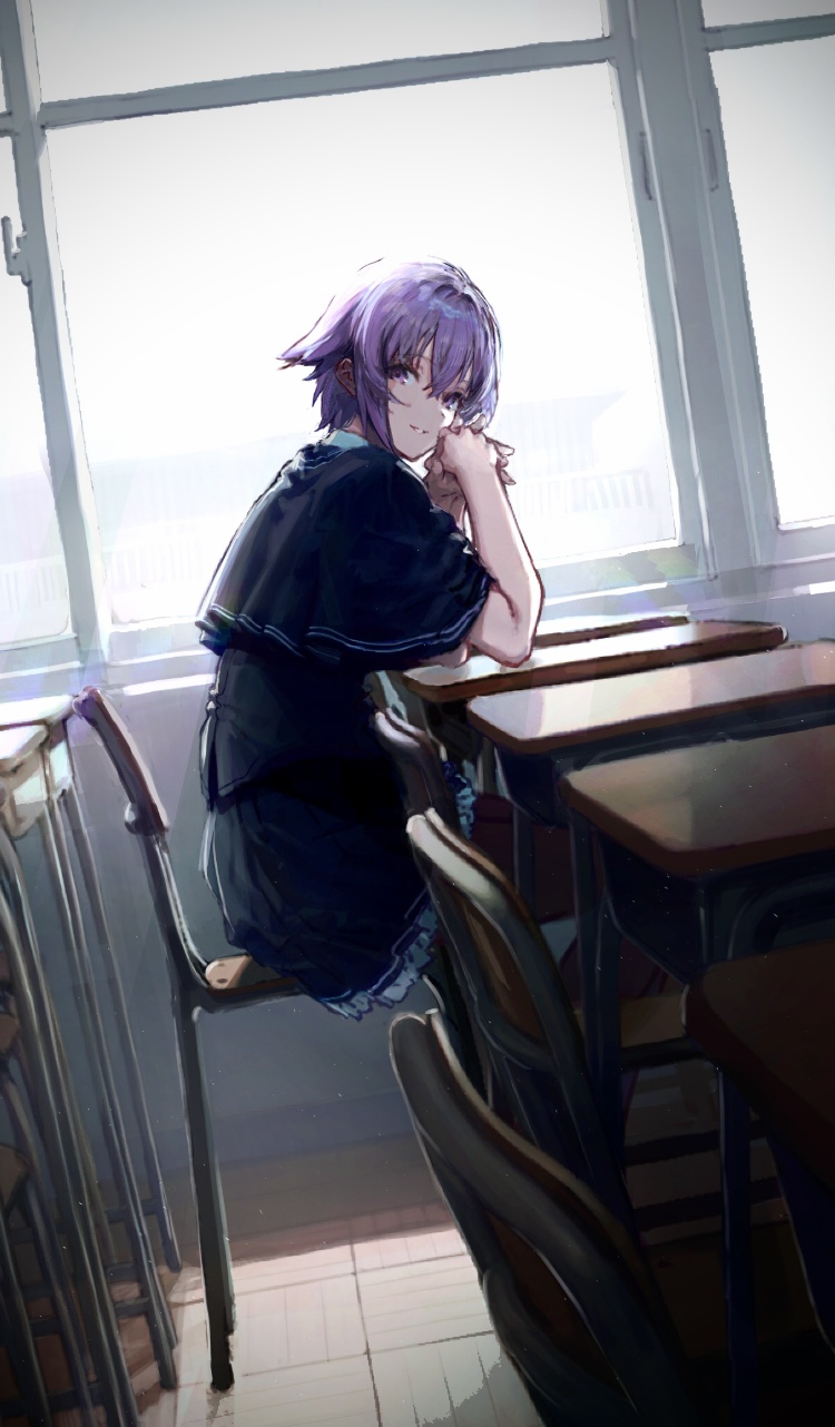 1girl, capelet, chair, classroom, desk, highres, indoors, iotsuki