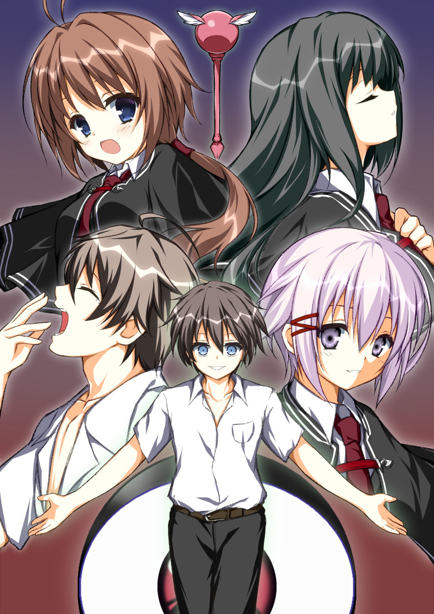 2boys, 3girls, absurdres, asagi_nanami, black_hair, blue_eyes, blunt_bangs, brown_hair
