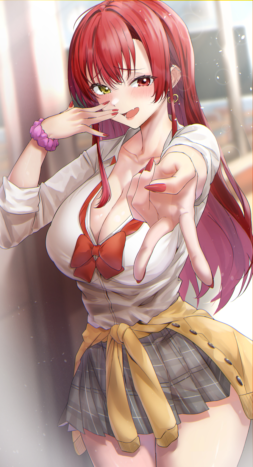 1girl, :d, absurdres, blurry, blurry_background, bow, bowtie, breasts