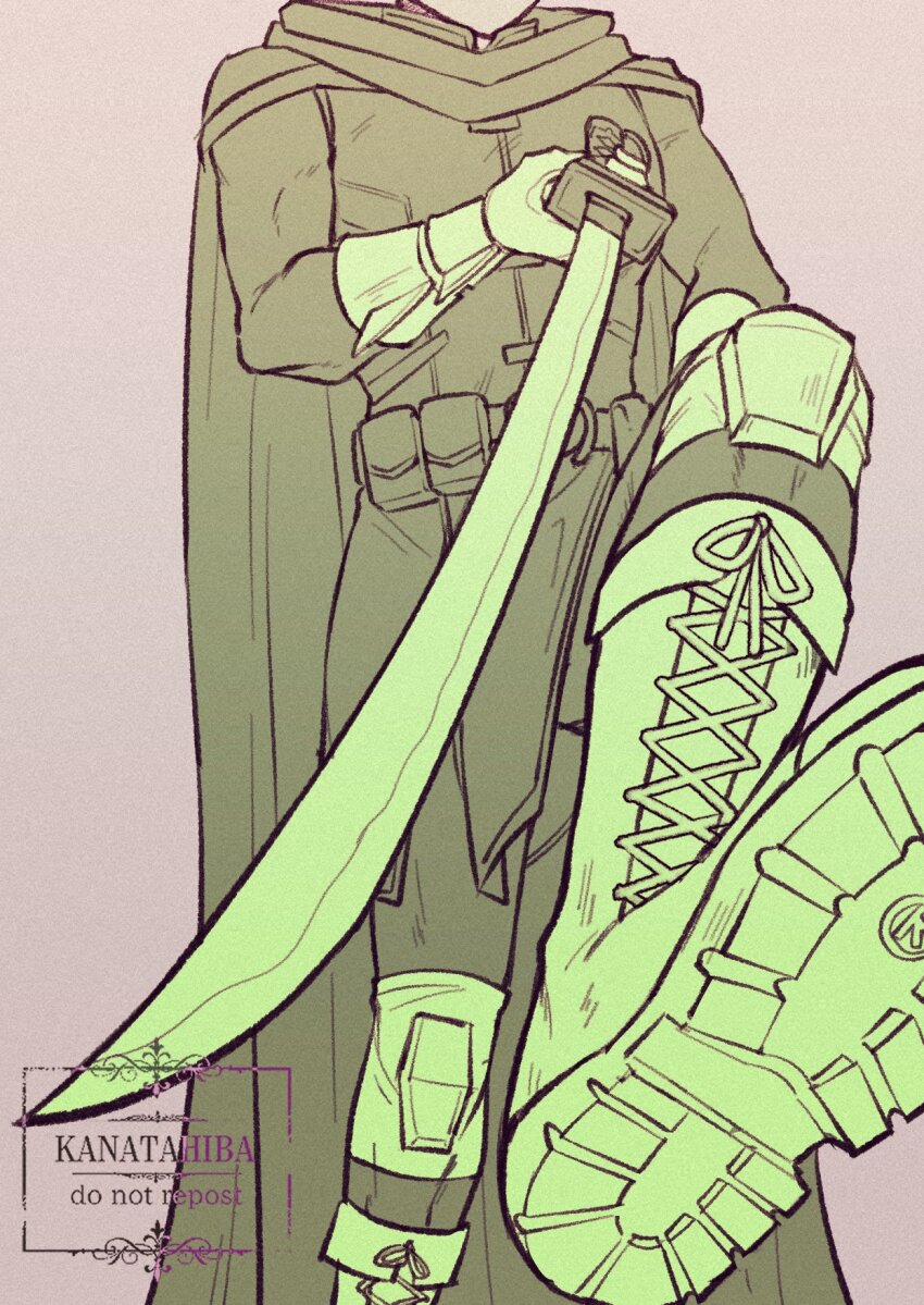 1boy, batman_(series), belt, bodysuit, boots, cape, commentary, damian_wayne, dc_comics, english_commentary, feet, foot_focus, head_out_of_frame, highres, holding, holding_sword, holding_weapon, insignia, kanatahiba, katana, lace-up_boots, lower_body, male_focus, robin_(dc), simple_background, super_sons, superhero_costume, sword, utility_belt, weapon