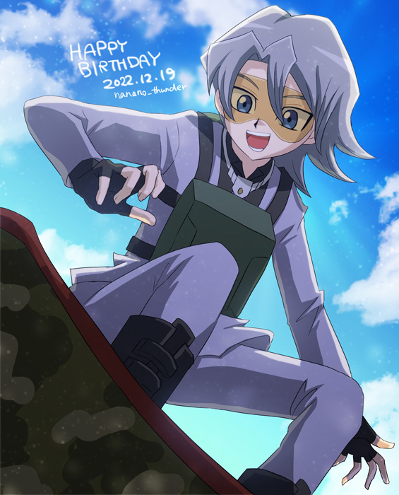 1boy, blue_eyes, dated, edo_phoenix, goggles, grey_hair, hair_between_eyes, happy_birthday