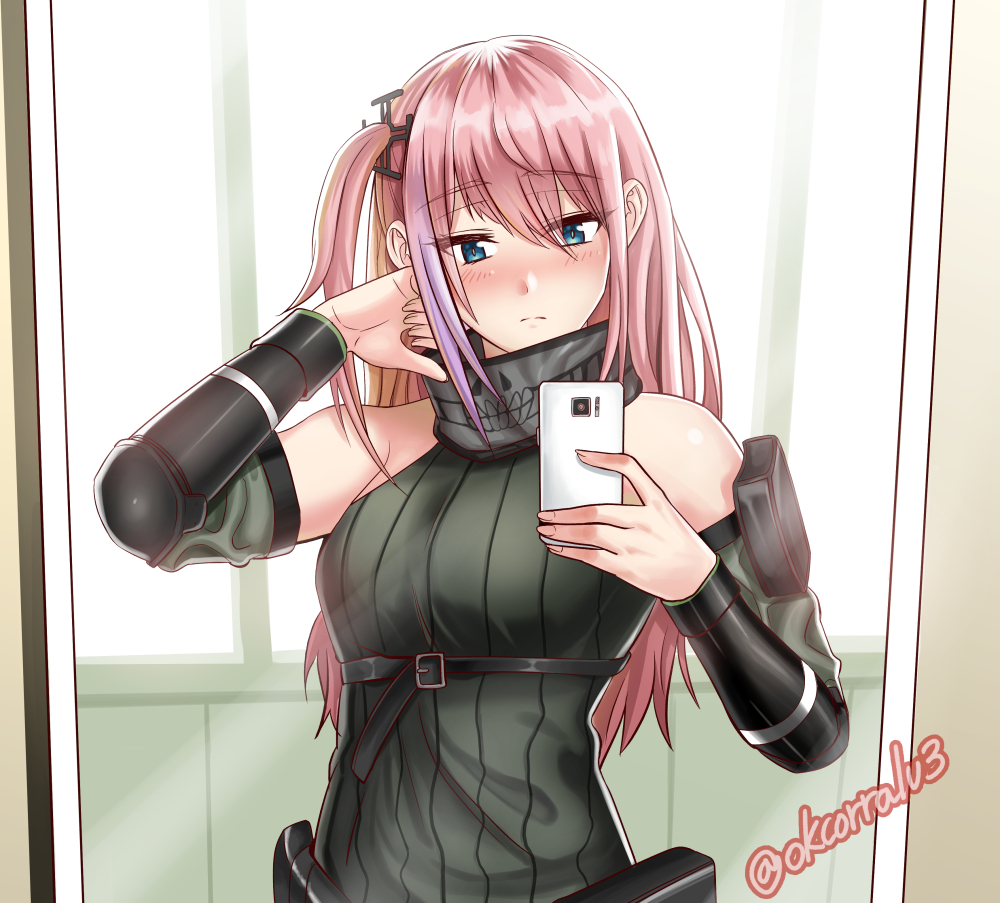 1girl, bandana, blue_eyes, blush, cellphone, commentary, cosplay, detached_sleeves
